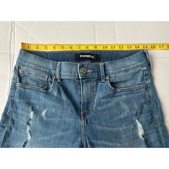 Express Jeans Womens 8R Barely Boot Mid Rise Distressed Blue Denim Stretch - Picture 6 of 8
